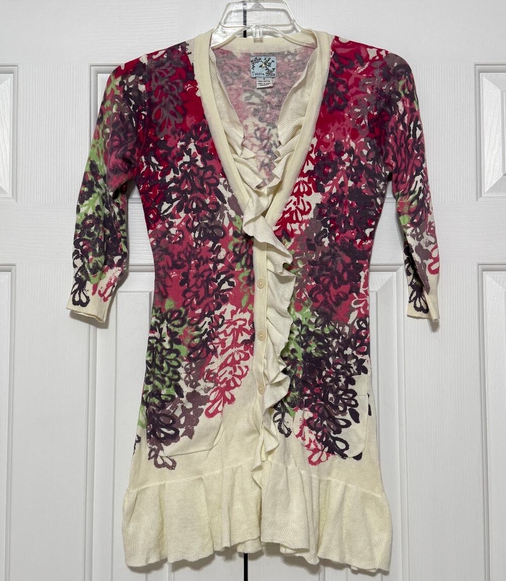 Tabitha Anthropologie Printed Ruffle Front Long Cardigan, Size S